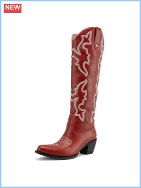 Women's Knee High Cowboy Boots Faux Suede Pointed Toe Block Heel Embroidered